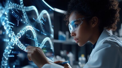 A woman in a lab coat is looking at a computer screen with a DNA strand on it