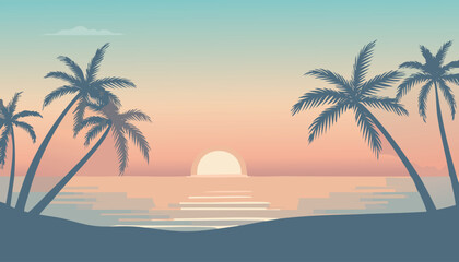 peaceful tropical twilight beach with silhouetted palm trees along the shore under a soft pastel sky vector illustration

