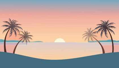 peaceful tropical twilight beach with silhouetted palm trees along the shore under a soft pastel sky vector illustration

