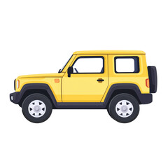 bright yellow compact SUV is depicted side view, showcasing its rugged design and off road capabilities. vehicle features boxy shape, large tires, and spare tire mounted rear, emphasizing its