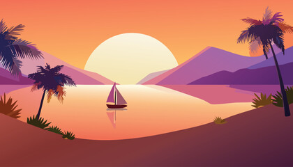 serene tropical sunrise with a sailboat reflecting on calm water framed by lush foliage and distant hills under a warm pastel sky vector illustration

