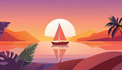 serene tropical sunrise with a sailboat reflecting on calm water framed by lush foliage and distant hills under a warm pastel sky vector illustration

