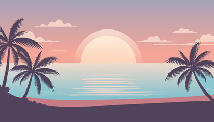 serene tropical beach sunset with silhouetted palm trees along the shore under a pastel gradient sky with soft clouds vector illustration

