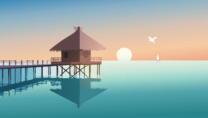 peaceful tropical sunrise with a silhouetted overwater bungalow and a long pier reflecting in calm turquoise water under a soft pastel sky with birds and a sailboat vector illustration


