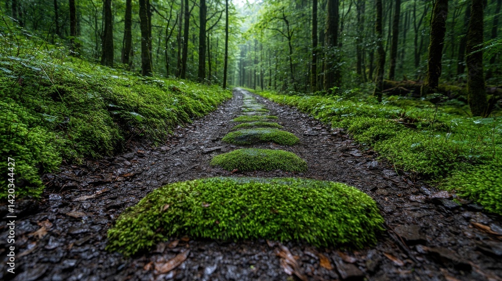 Poster a path through a forest is lined with moss and rocks