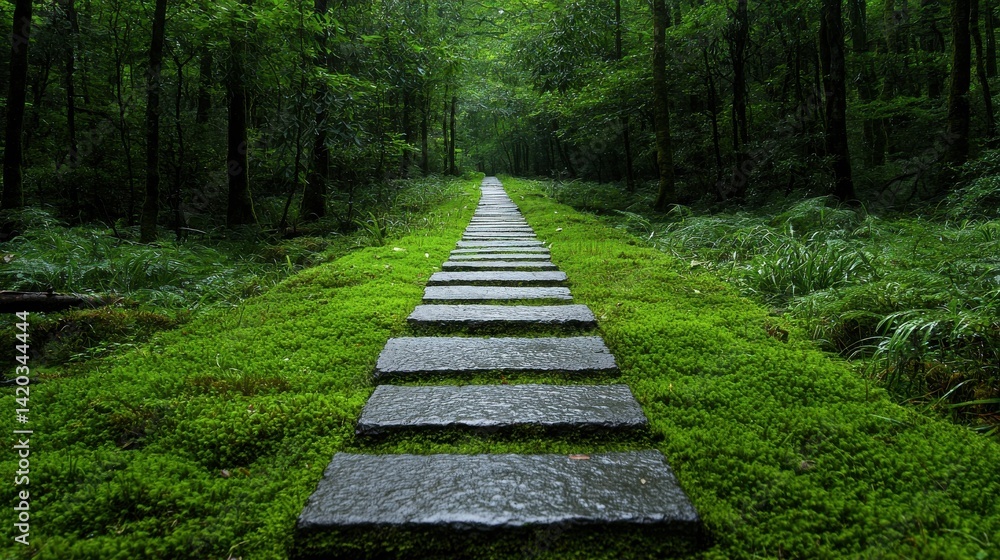 Poster A path through a forest with a stone walkway
