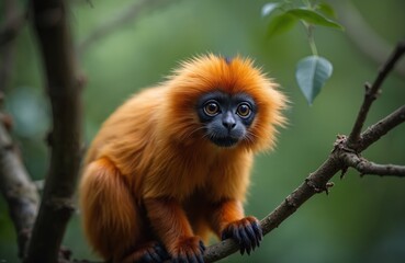 Obraz premium Golden lion tamarin monkey sitting on branch. Orange fur with black face. Wildlife portrait in natural environment. Endangered species in Brazil rainforest jungle.