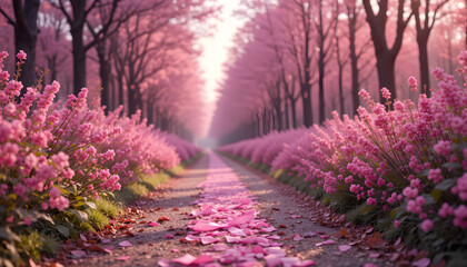 A pink ribbon on a serene path symbolizes hope and support for breast cancer survivors.