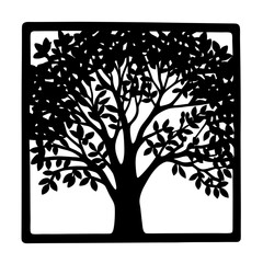 Black Silhouette of a Tree within a Framed Square with Leaves