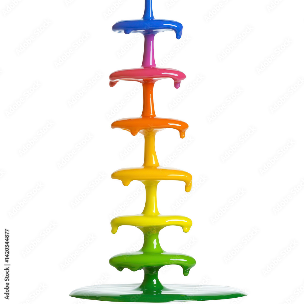 Poster vibrant cascade of rainbow colored liquid flows down tiered structure, creating mesmerizing and colo