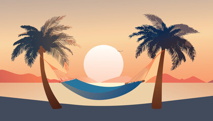serene tropical beach sunset with a hammock strung between palm trees overlooking calm water and distant mountains under a warm gradient sky vector illustration


