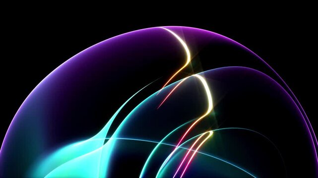 3d video animation of surreal mystic alien ball or sphere sculpture in curved, wavy organic lines forms in deformation process in translucent matte plastic material with yellow neon laser round stripe