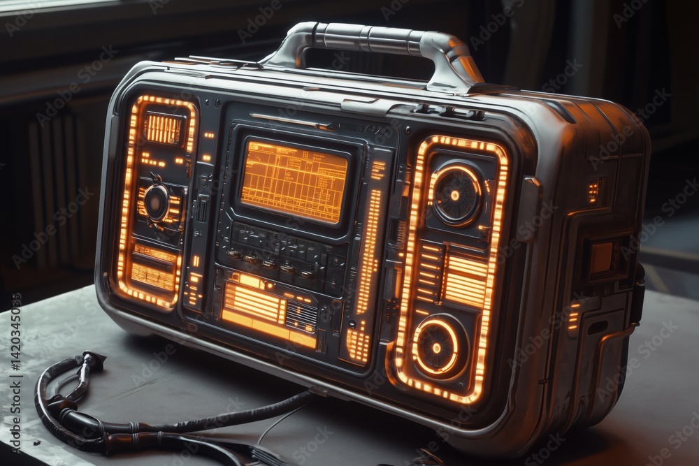 Poster a futuristic, high-tech briefcase with glowing orange accents and intricate electronic components. t