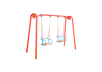 Children's swing for two places. Children's swing. Playground with swings. Place of entertainment. Image in PNG format. Isolate without background. Image for mockups. Photo for template.