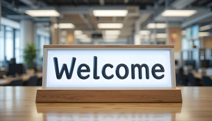 A 'welcome' sign on a desk symbolizes a friendly onboarding process in a modern office.