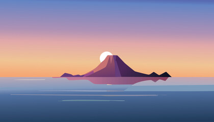 minimalist tranquil twilight ocean scene with a silhouetted volcanic island reflecting in calm waters under a gradient pastel sky vector illustration


