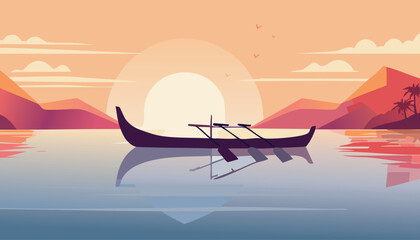 Naklejka premium serene tropical sunset with a silhouetted outrigger canoe and oars reflecting in calm waters against a backdrop of mountains and palm trees vector illustration