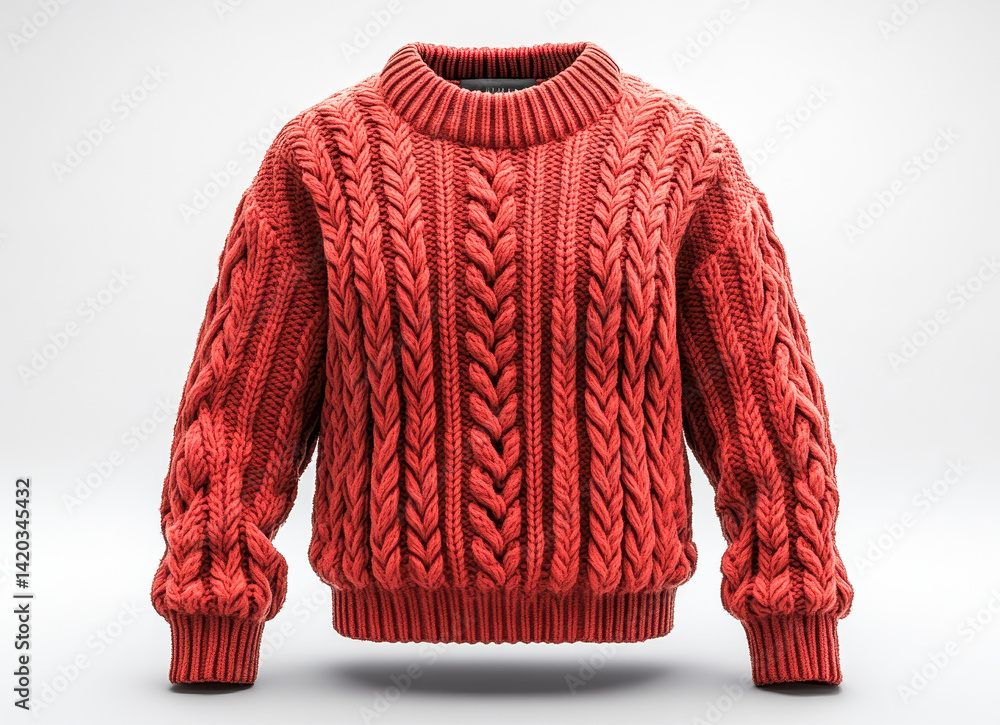 Poster high-quality red knitted jumper with intricate patterns on white background