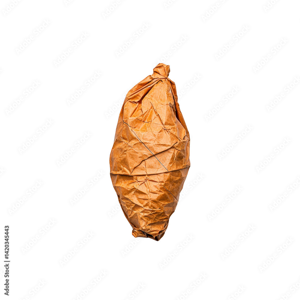 Aufkleber crumpled brown paper bag is tightly wrapped and isolated on transparency background, showcasing its 