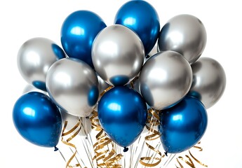 Bright Silver and Blue Balloons with Golden Ribbon for Celebration