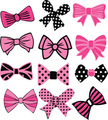 Twelve Pink and Black Bow Illustrations for Design Projects