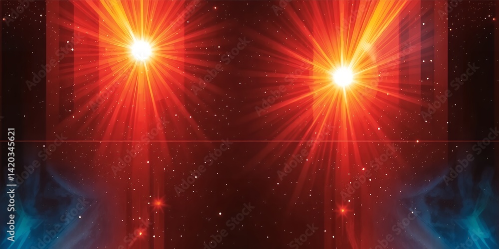 Poster two bright light sources with red and orange rays and a starry background in a symmetrical view
