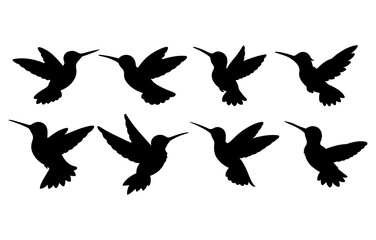Silhouette depiction of eight hummingbirds in various flying poses against a white background artfully arranged