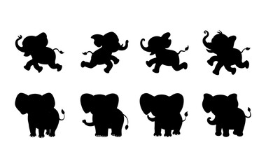 Obraz premium Silhouette illustration of eight elephants in various poses on a white background design art