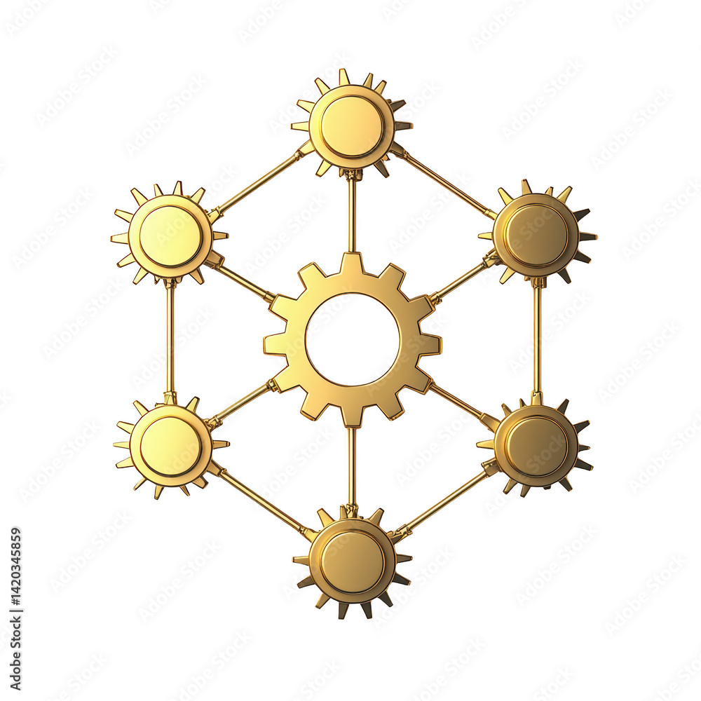 Poster golden gear network with interconnected cogs symbolizes teamwork and collaboration. shiny metallic f