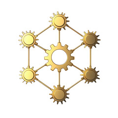 golden gear network with interconnected cogs symbolizes teamwork and collaboration. shiny metallic finish adds sense of elegance and sophistication to design