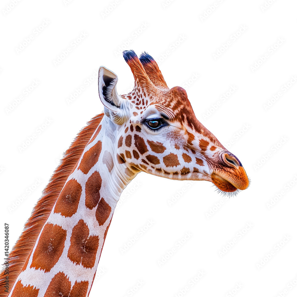 Poster close up of giraffe head showcases its distinctive spotted pattern and long neck against plain backg