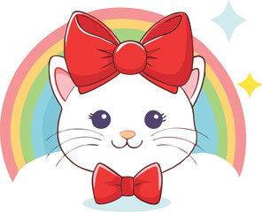 Adorable White Kitten with Red Bows Against a Rainbow Background