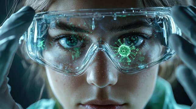 A woman wearing a pair of green goggles is looking at a computer screen - Powered by Adobe