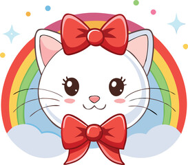 Adorable White Kitten with Red Bows on Rainbow Background