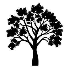 Silhouette of a mature tree with full leaves and branches on white