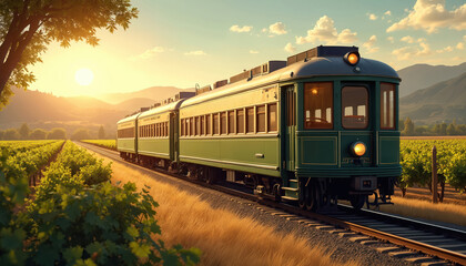 Obraz premium Vintage railcar travels through vineyards. Scenic illustration represents travel tourism. Old train, retro design, idyllic scenery in Napa Valley at sunset, represents vacation, lifestyle, journey,