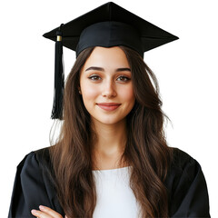 Confident female graduate in cap and gown posing against a transparent background, showcasing achievement and pride in her educational journey, Confident Female Graduate on transparent background