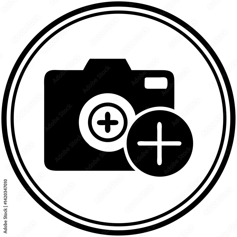Poster icon of a camera with add symbol in a circular design