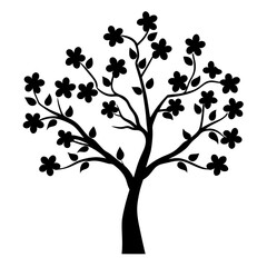 Black silhouette of a tree in full bloom against a white background