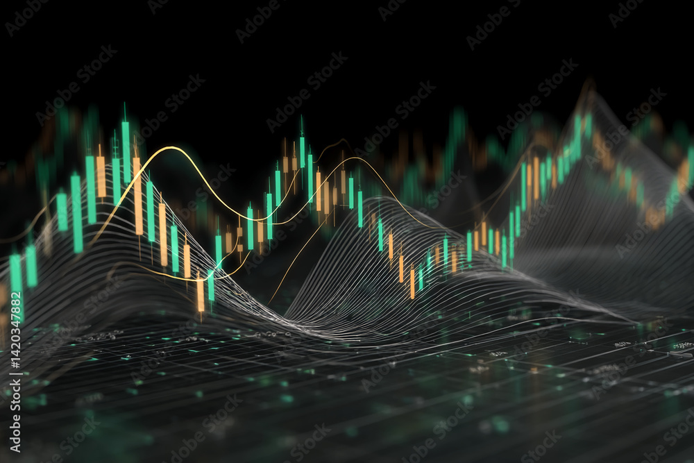 Poster abstract 3d rendering of teal and gold candlestick charts on a dark background, representing financi
