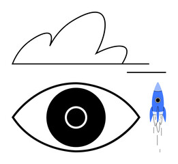Bold eye motif beneath abstract cloud line, accompanied by a blue rocket in motion. Ideal for vision, innovation, startup, exploration, creativity, focus, technology simple landing page