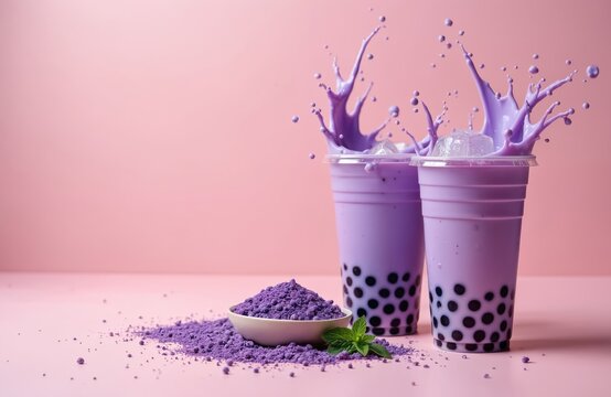 Purple taro milk tea with splash. Refreshing drink with taro tapioca pearls, ice. Dessert drink, cafe menu, food design. Advertising, branding, product promotion. Cold beverage.