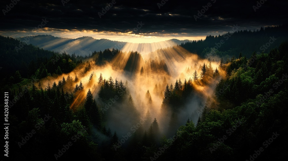 Poster the sun is shining through the trees, creating a beautiful and serene atmosphere