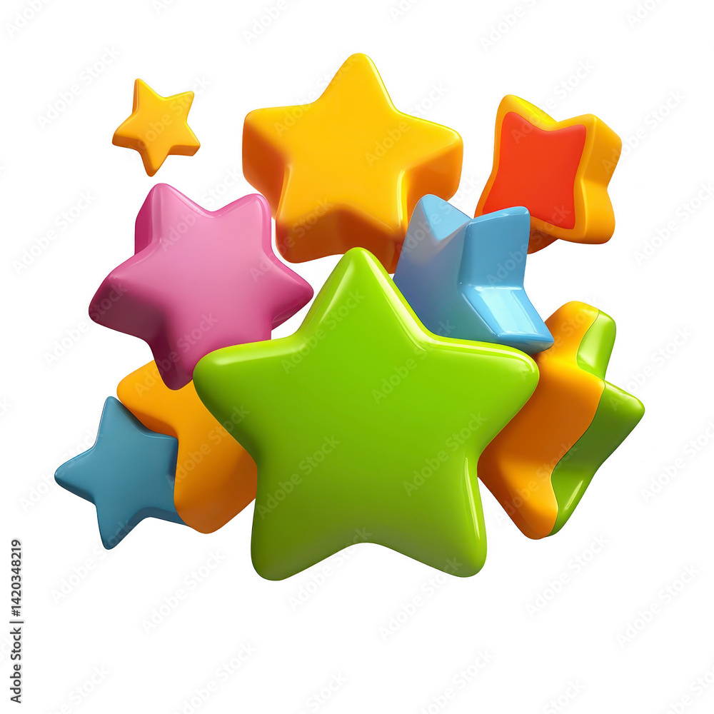 Poster colorful 3d stars in various sizes and vibrant hues are clustered together, creating playful and che