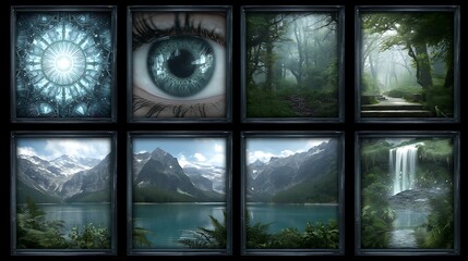 Windows to Diverse Realms Mystic Eye Forest Pathway Mountains Waterfall Fractal Art Panel Display.