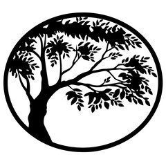 Silhouette of a tree with leaves inside a circular frame emblem