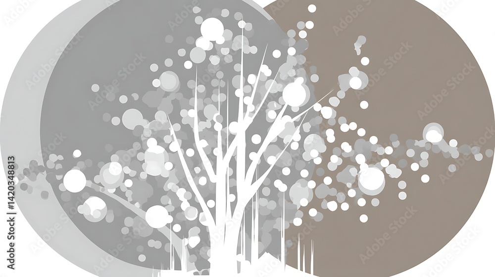 Poster winter abstract tree with bokeh lights and geometric circles gray and taupe tones backdrop art.