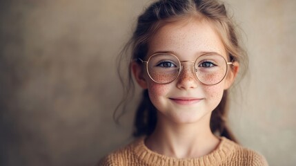 Obraz premium Young girl with glasses smiling against textured background