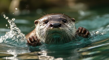 An adorable otter swimming through water with a focused expression