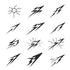 Fototapeta premium Abstract black and white illustration featuring various stylized lightning bolt designs and sun motifs, arranged in grid pattern. dynamic shapes convey energy and movement